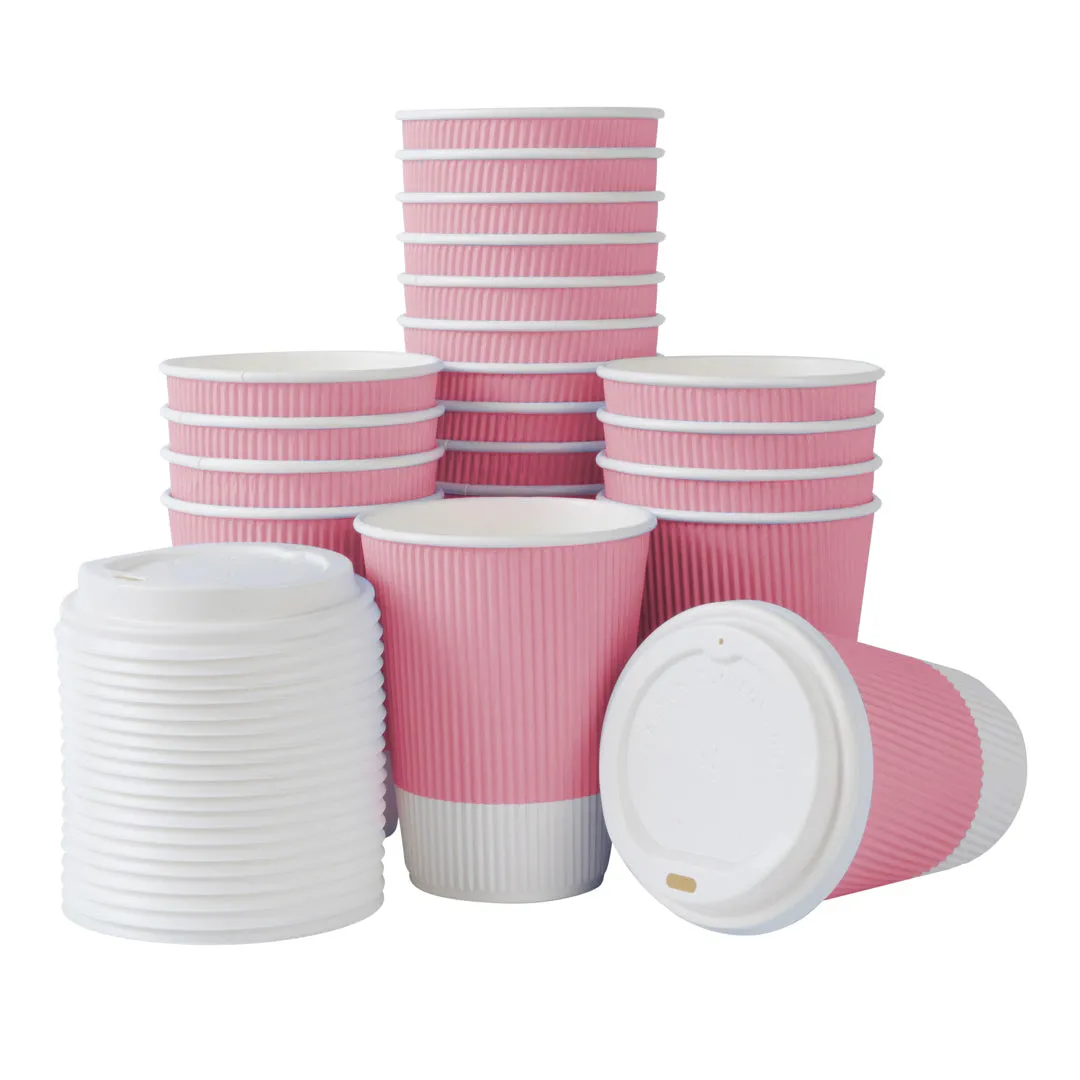 12 oz Light Pink Paper Ripple Wall Coffee Cup - with White Lid - 3 1/2" x 3 1/2" x 5" - 20 count box
