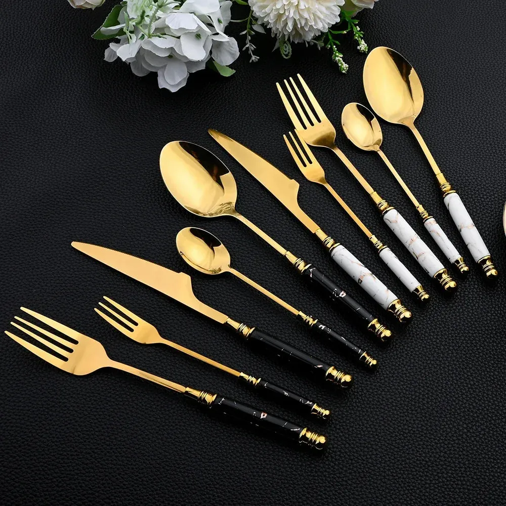 16 Piece Stainless Steel Cutlery Set With Ceramic Handle And Gold Finish