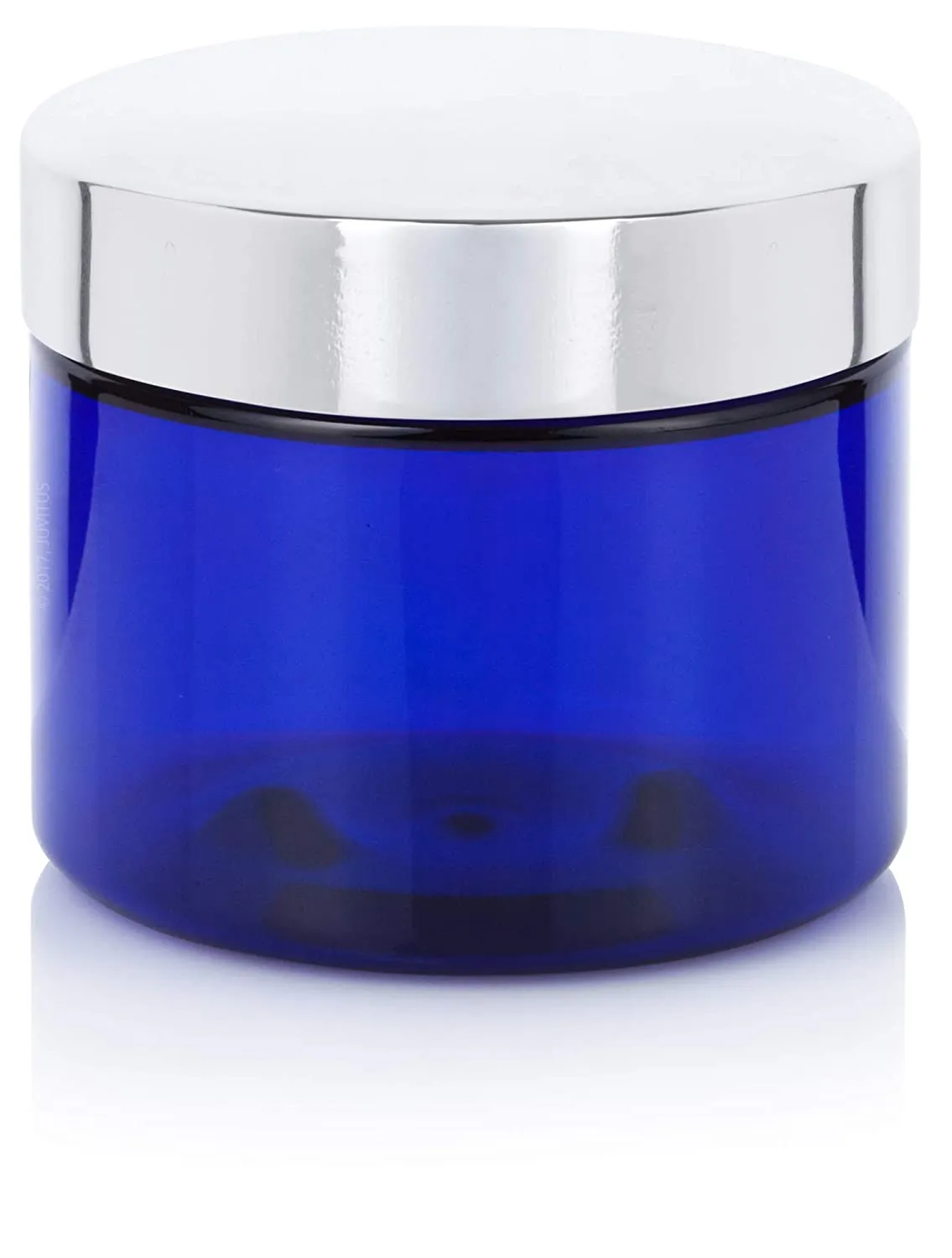 6 oz Cobalt Blue Plastic Low Profile Jar with Silver Metal Overshell Lid