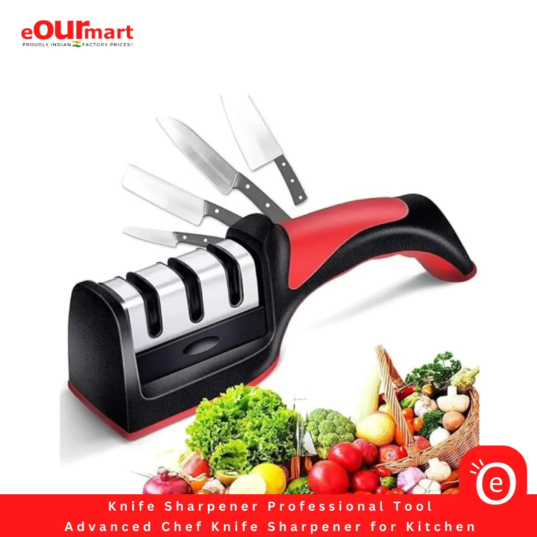 Knife Sharpener Professional Tool | Advanced Chef Knife Sharpener for Kitchen | Knife Sharpener Rod - Knives Sharpening Tool, Steel Knives with 3 Stage Design (Red, Sharpener with Handle)