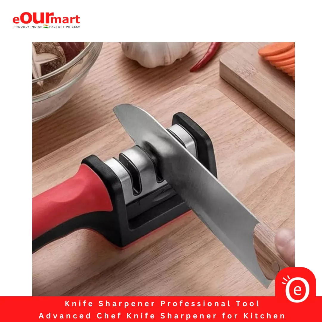 Knife Sharpener Professional Tool | Advanced Chef Knife Sharpener for Kitchen | Knife Sharpener Rod - Knives Sharpening Tool, Steel Knives with 3 Stage Design (Red, Sharpener with Handle)