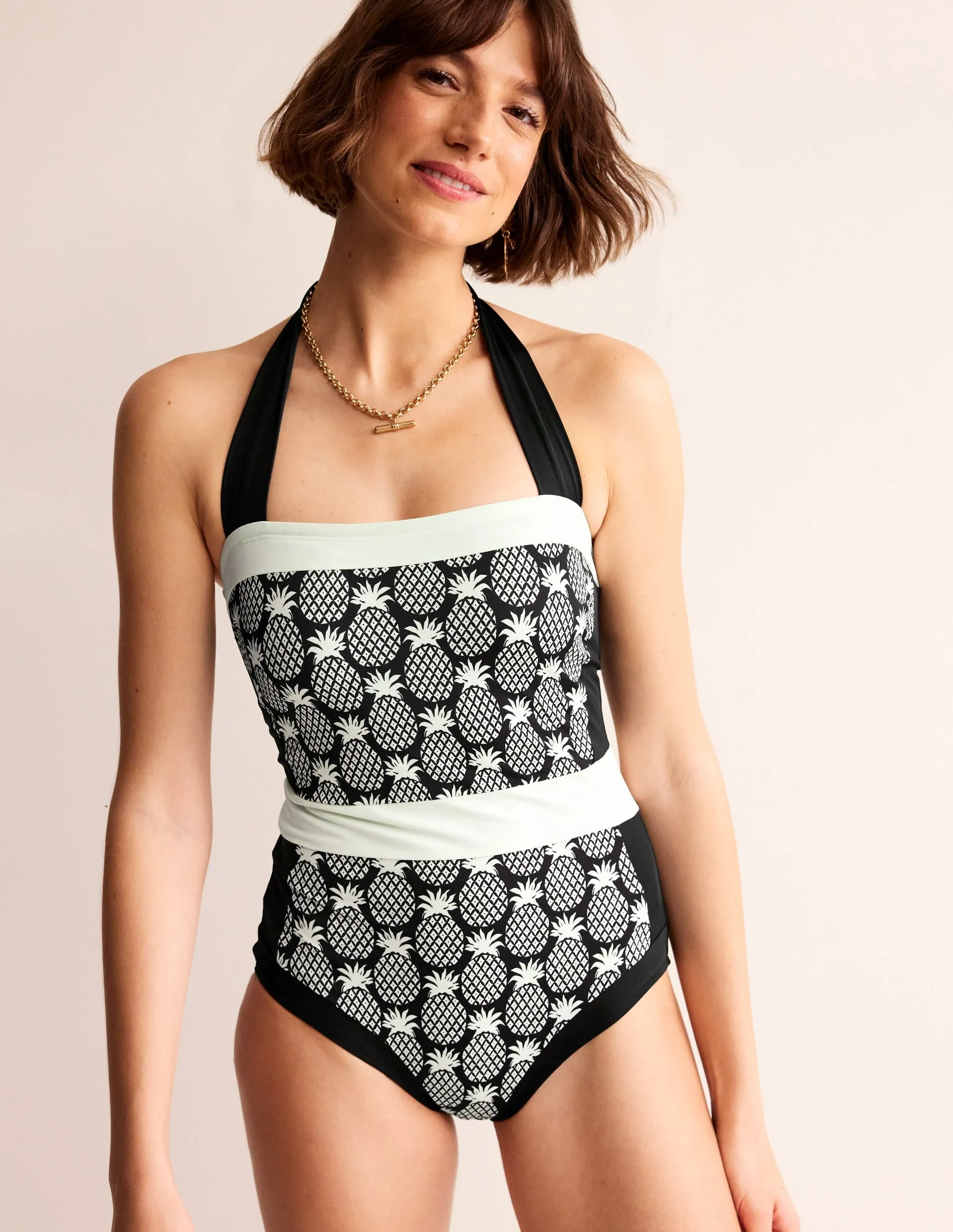 Santorini Halterneck Swimsuit-Black, Pineapple Geo