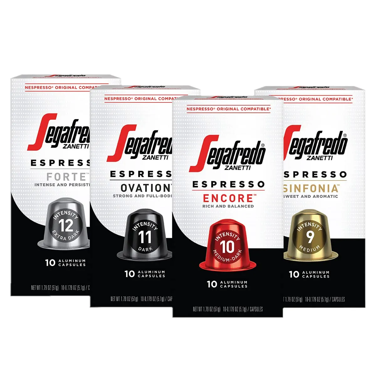 Segafredo Zanetti Forte Espresso Capsules, Extra Dark Roast, Intensity 12, Compatible with Nespresso Original Machines, 10 Count Aluminum Pods